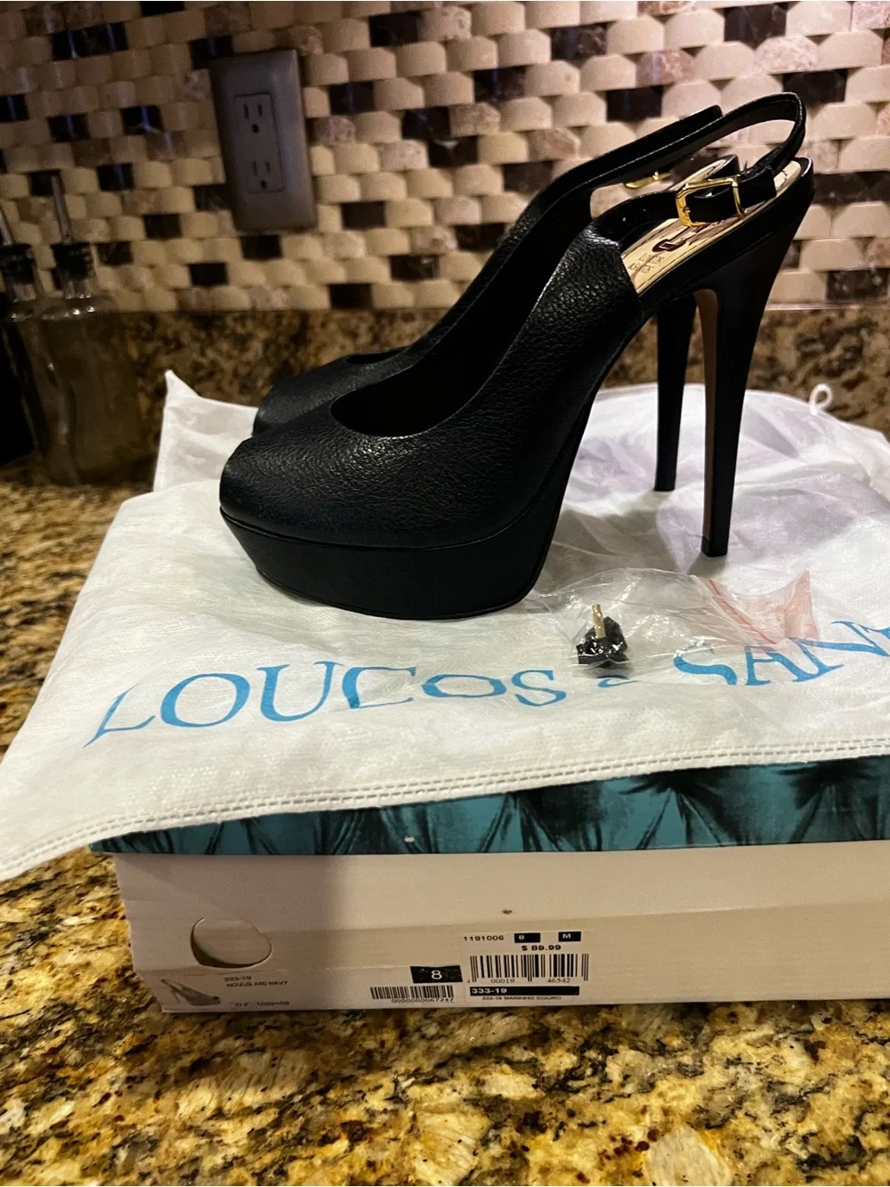 Navy Leather Platform Slingback Heels